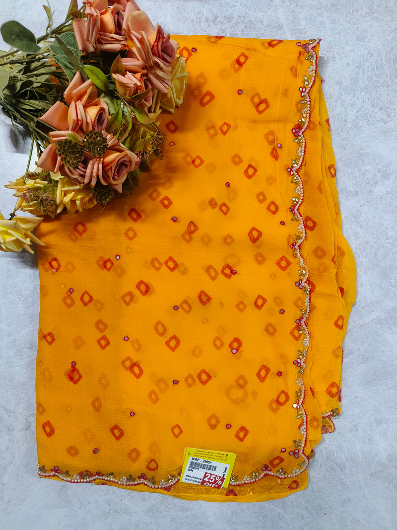 Chic Red Chiffon Saree with Pearl-Embellished Scalloped Border
