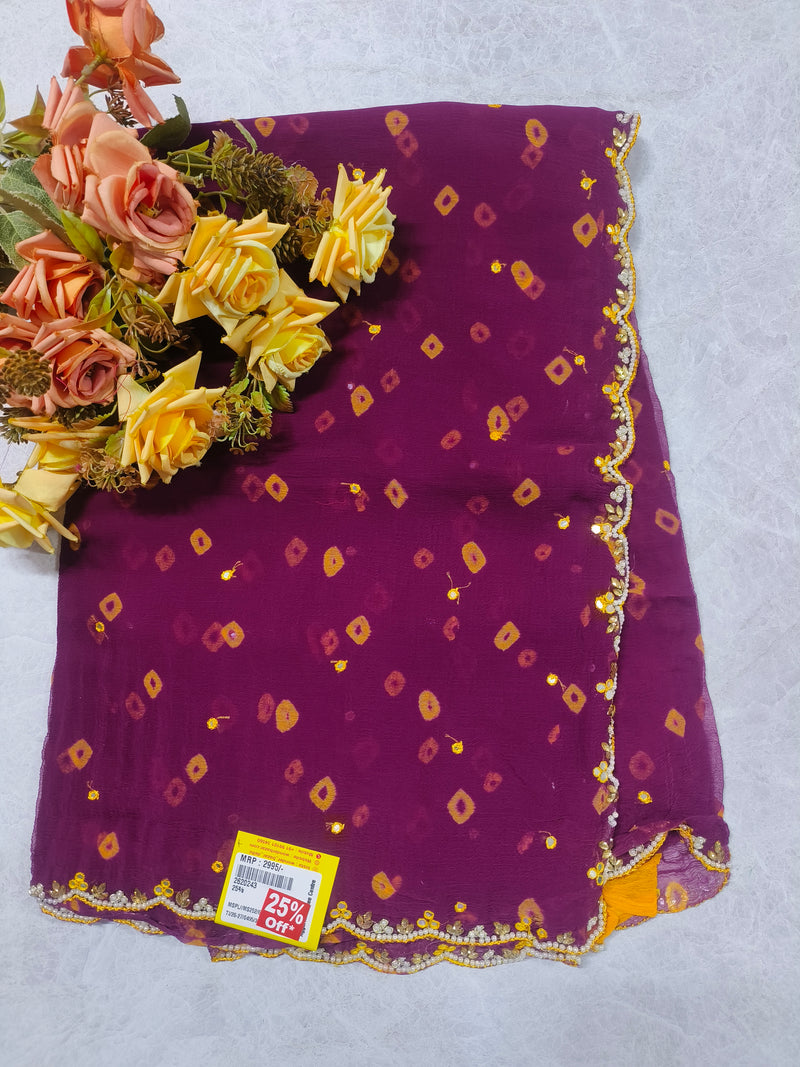Chic Red Chiffon Saree with Pearl-Embellished Scalloped Border