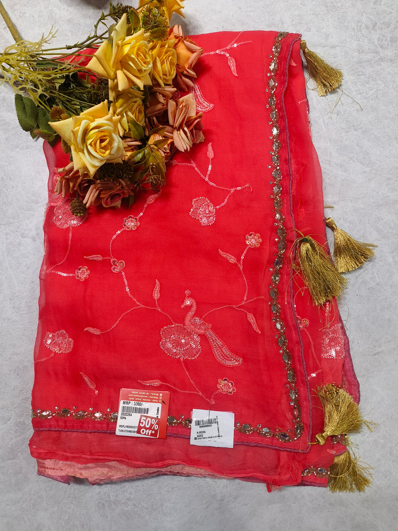 Vibrant Red Festive Saree with Mirror Work Border