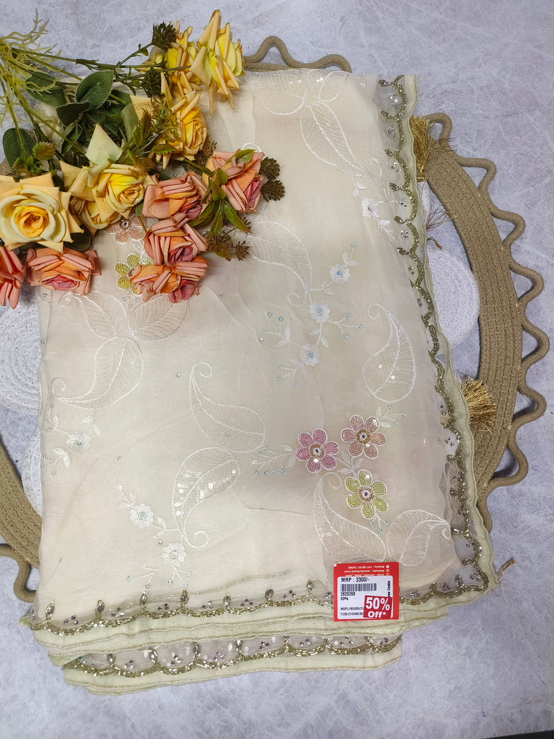 Chic Off-White Floral Saree with Sequined Border Detailing
