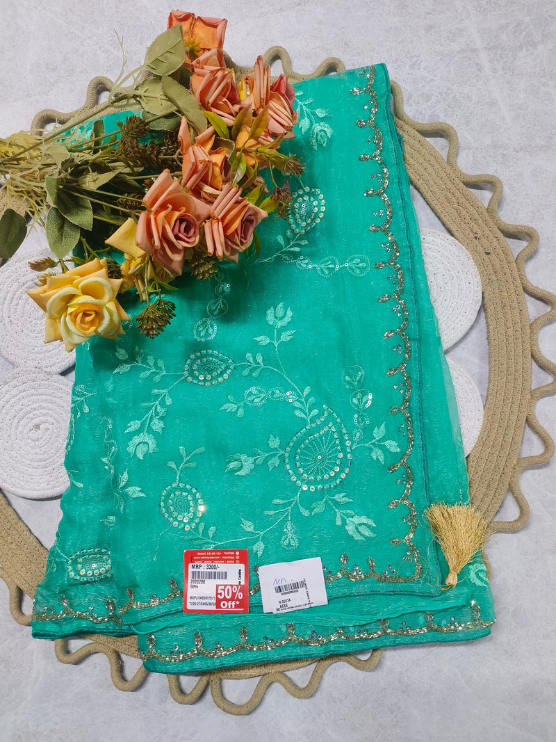 Refreshing Mint Green Embroidered Saree with Shimmer Border