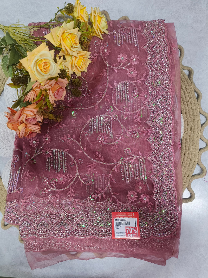 Regal Rose Pink Heavy Embroidered Saree with Shimmering Detail