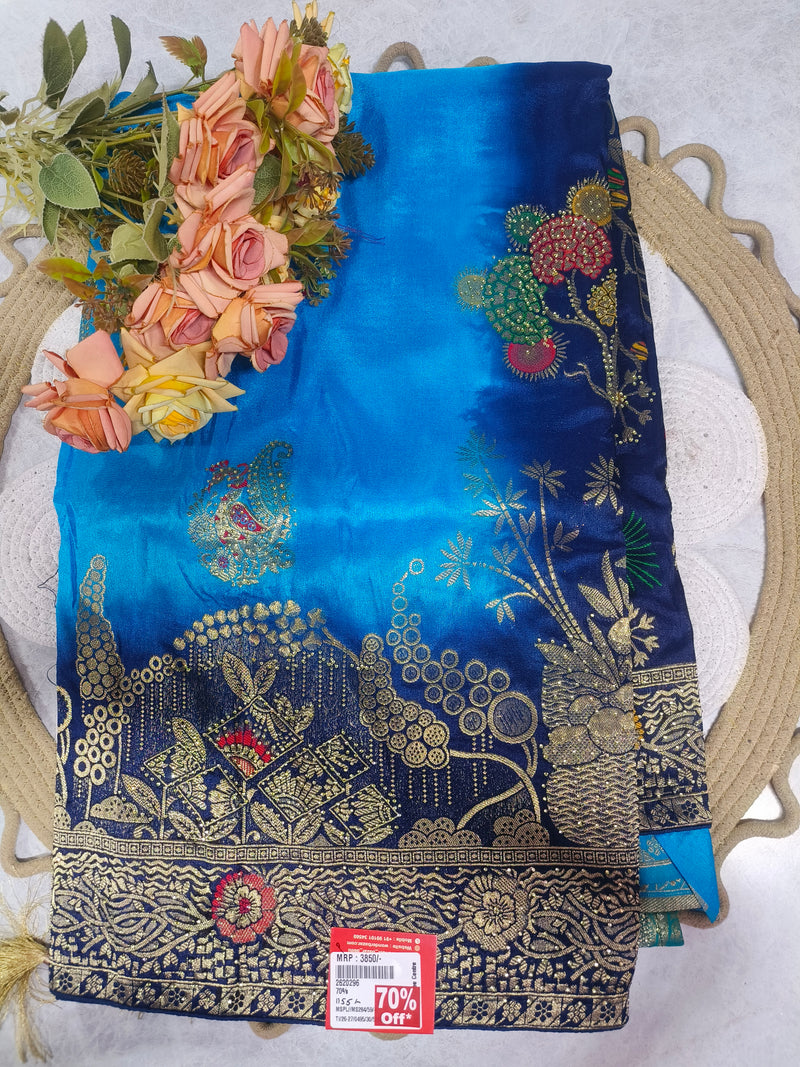Vibrant Blue Ombre Saree with Heavy Zari and Floral Motifs