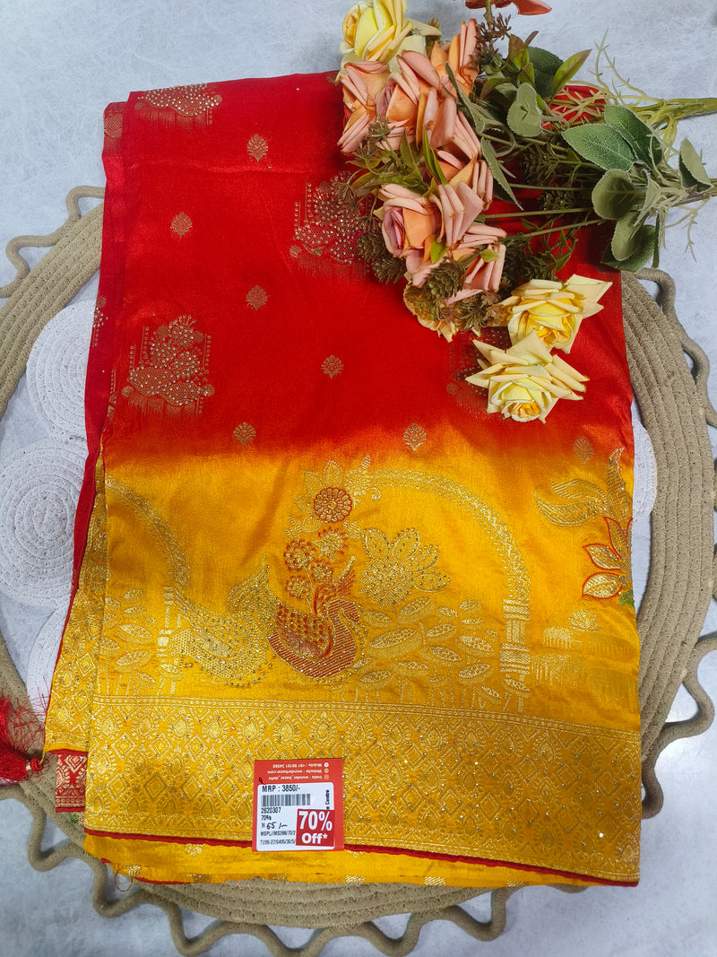 Regal Red & Yellow Ombre Saree with Golden Zari Peacock Motif