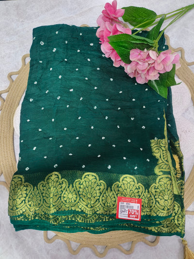 Luxurious Emerald Green Bandhani Saree with Rich Gold Border