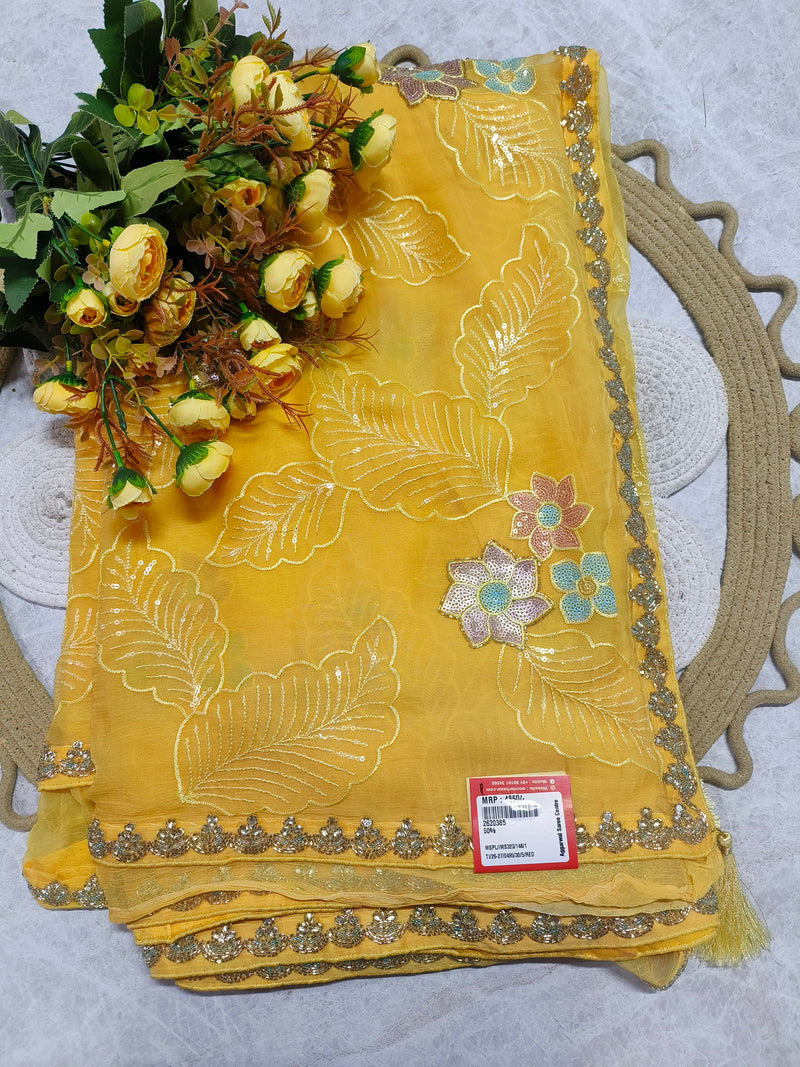 Luxurious Yellow Floral Embroidered Designer Saree