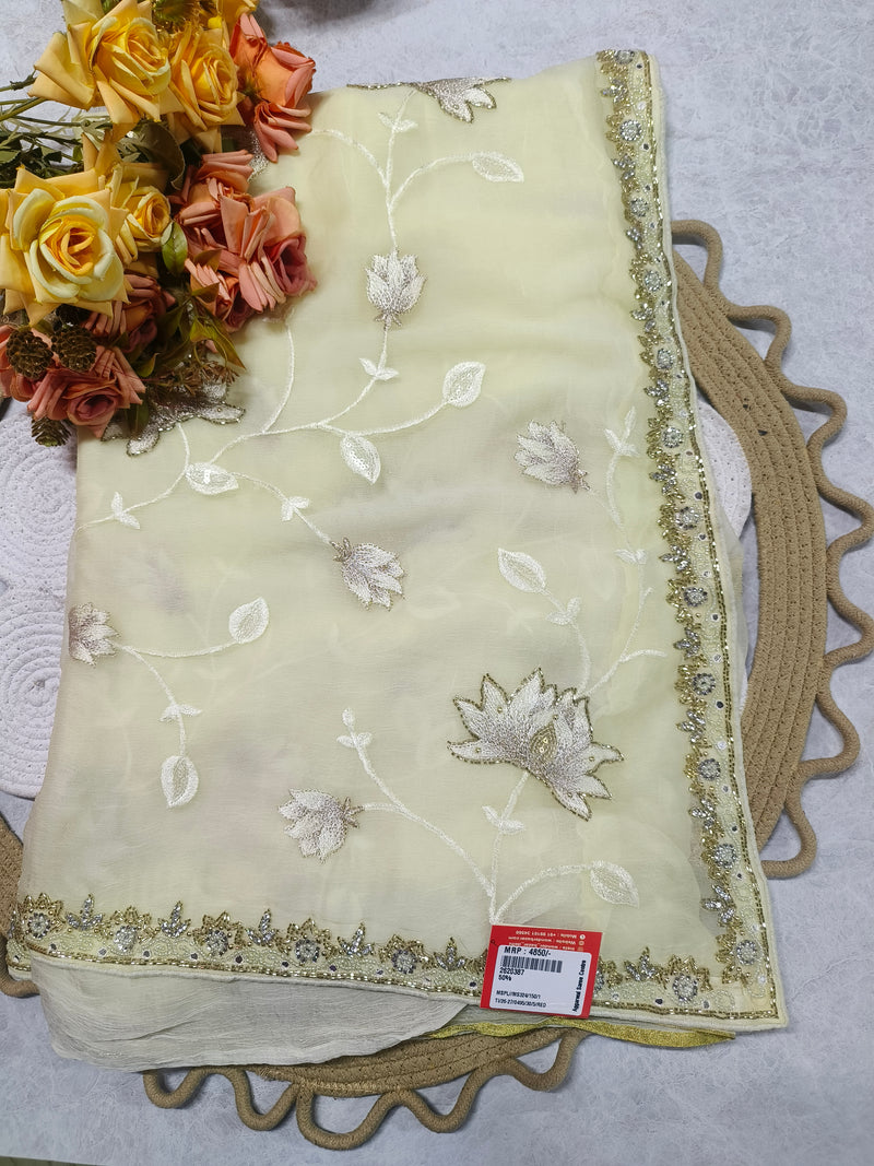 Elegant Cream Floral Embroidered Saree with Silver Sequin Border