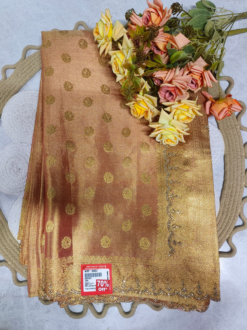 Luxurious Peach Gold Festive Silk Saree