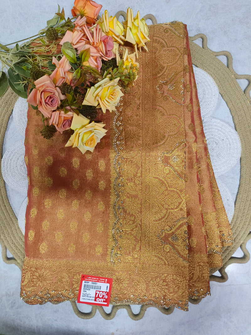 Elegant Burnt Orange Embellished Fancy Saree with Gold Work