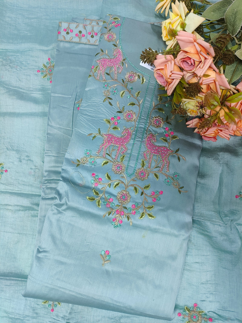Chic Dusty Pink Deer Motif Embroidered Fancy Suit