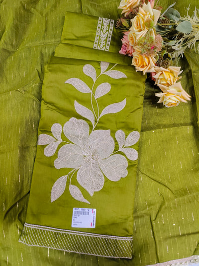 Radiant Olive Green Floral Embroidered Unstitched Suit