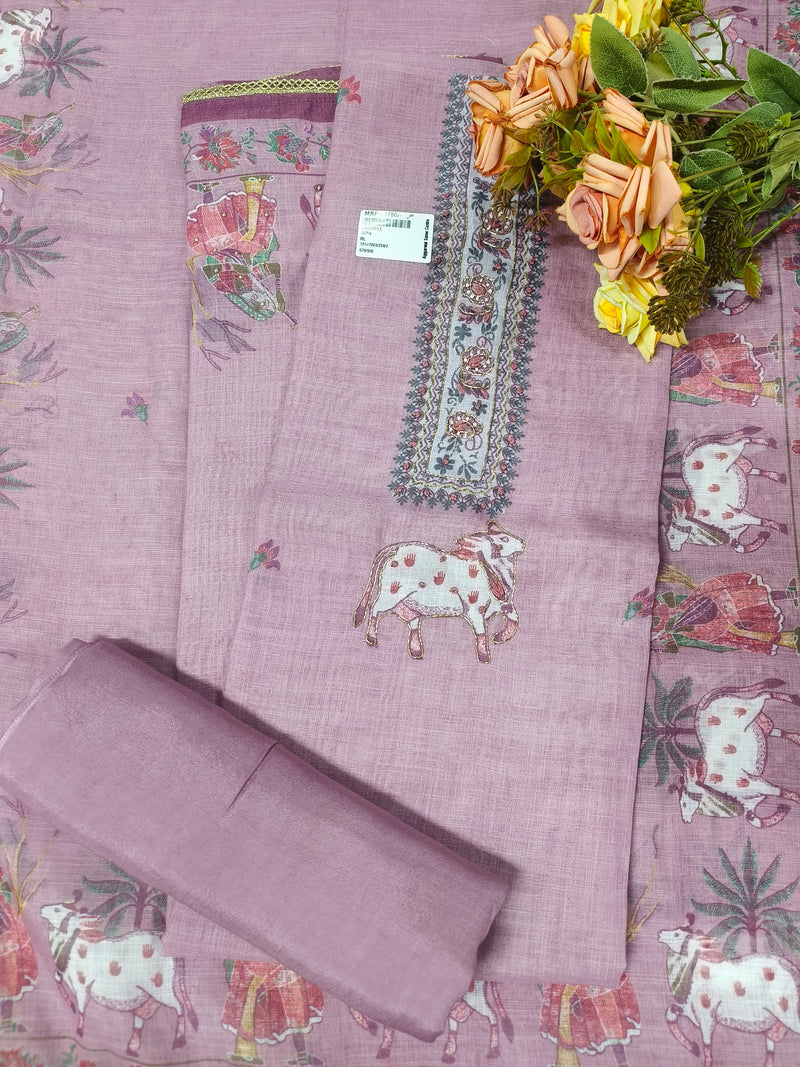 Elegant Mauve Folk Art Printed Unstitched Suit