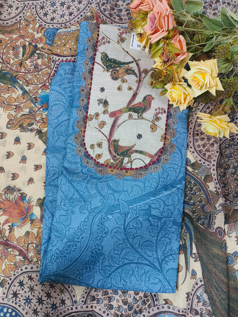 Artistic Blue Bird & Floral Pattern Unstitched Suit
