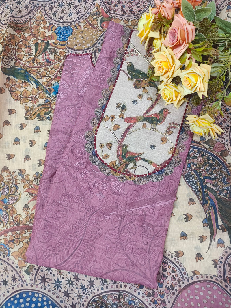 Artistic Blue Bird & Floral Pattern Unstitched Suit