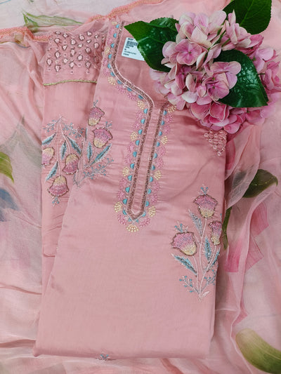 Elegant Peach Embroidered Unstitched Dress Material