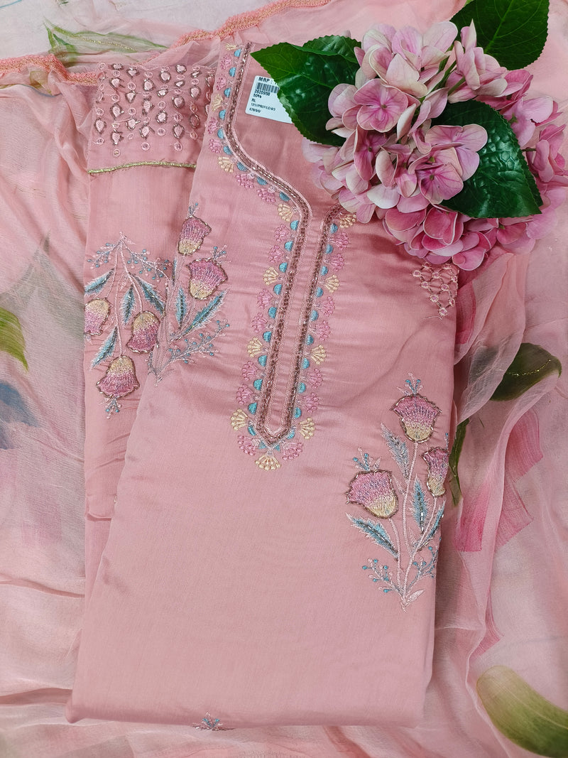 Elegant Peach Embroidered Unstitched Dress Material