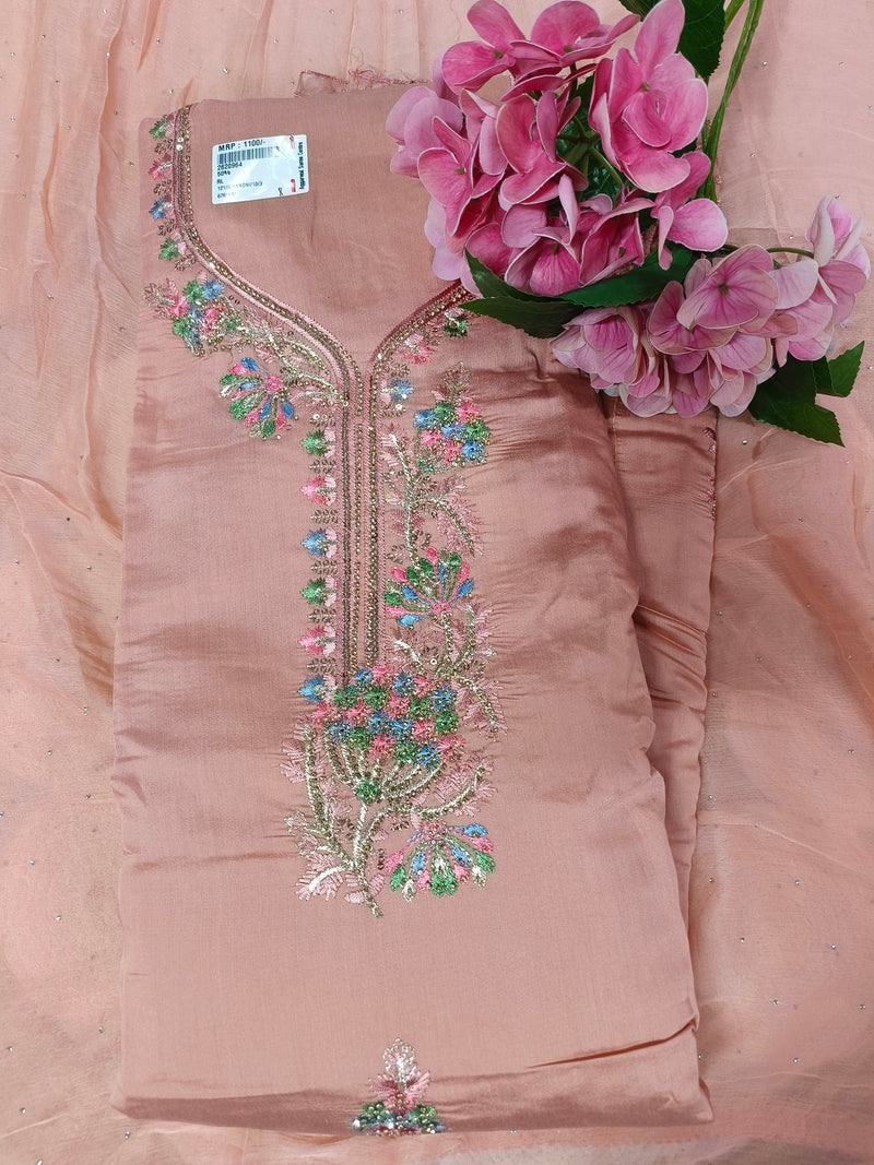 Graceful Pastel Peach Floral Embroidered Suit