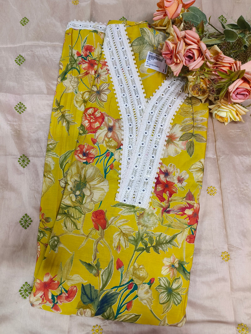 Fresh Lime Green Floral Print Suit with Lace Neckline