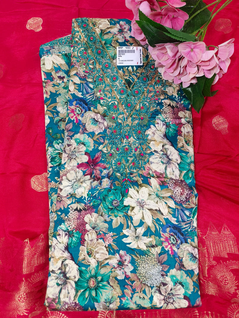Sophisticated Teal Floral Print & Embellished Suit
