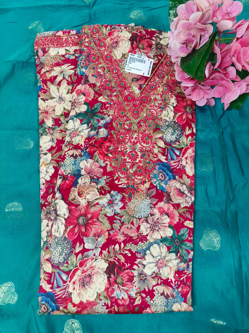 Sophisticated Teal Floral Print & Embellished Suit
