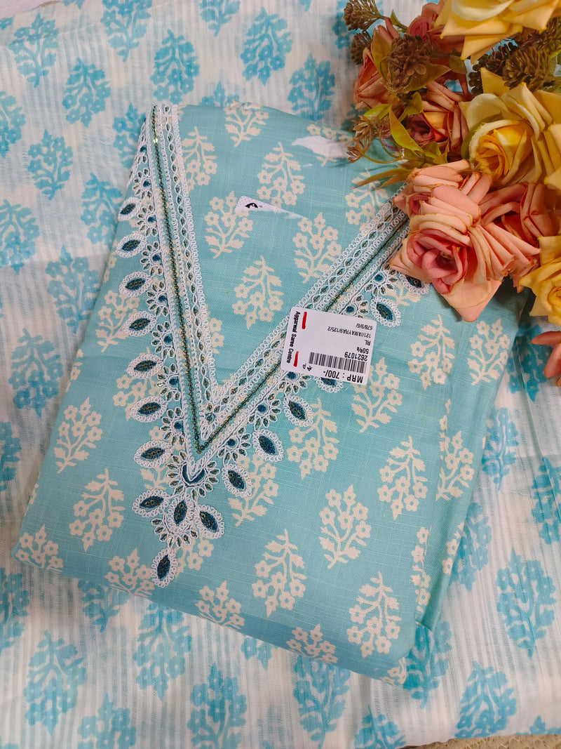 Regal Sky Blue Botanical Embroidered Suit Set