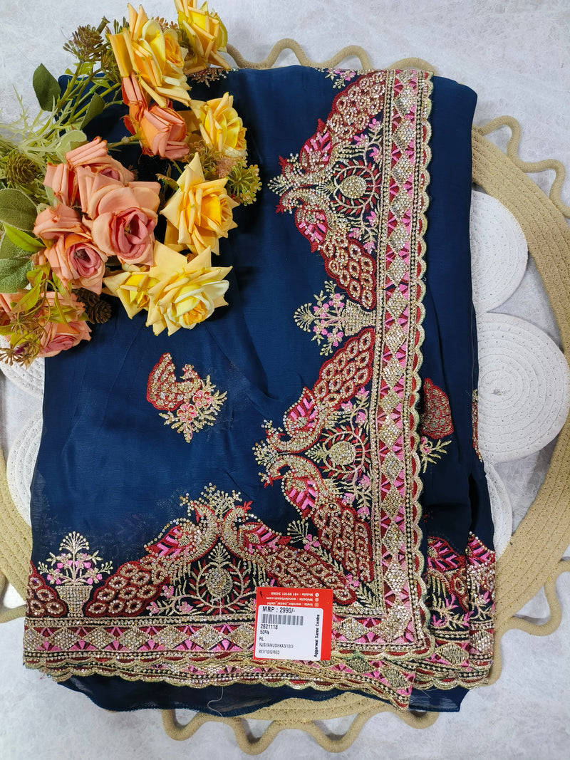 Stunning Royal Blue Designer Saree with Embellished Border