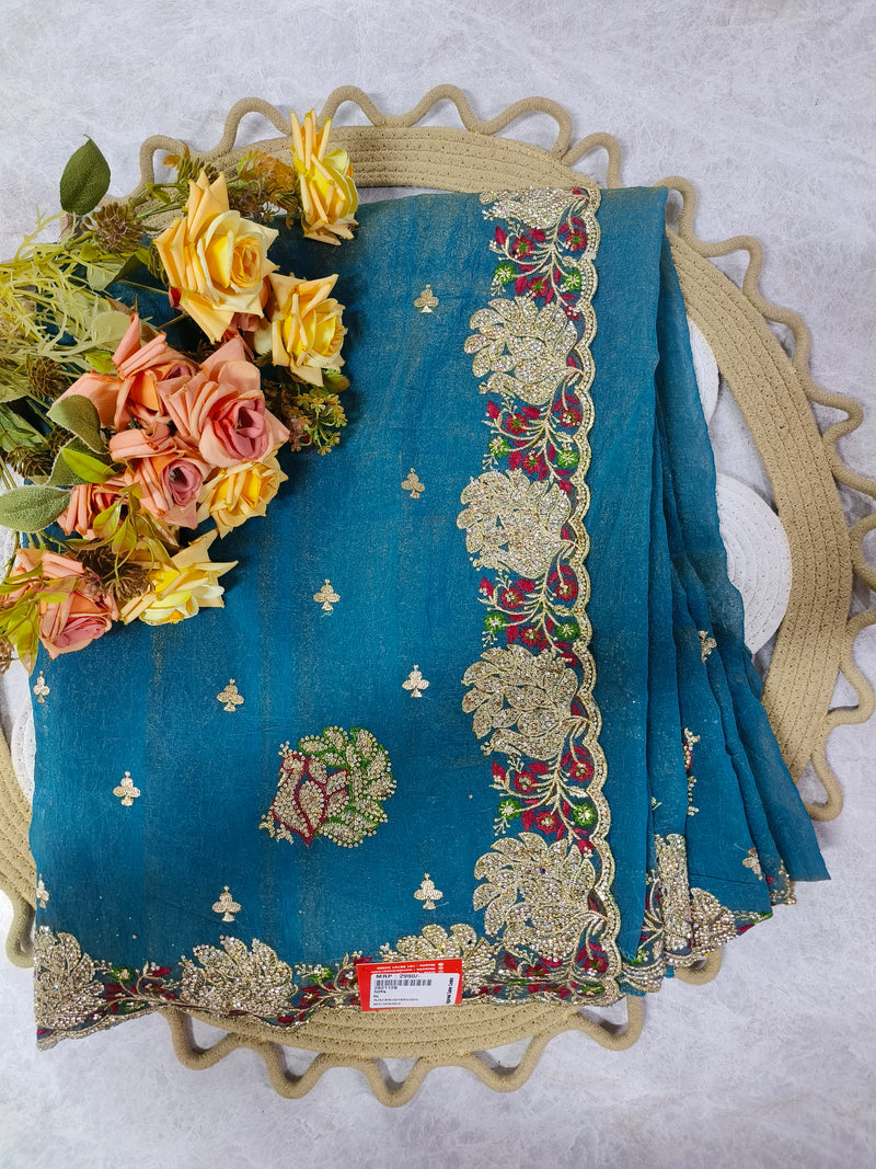Chic Midnight Blue Saree with Glittering Floral Motifs