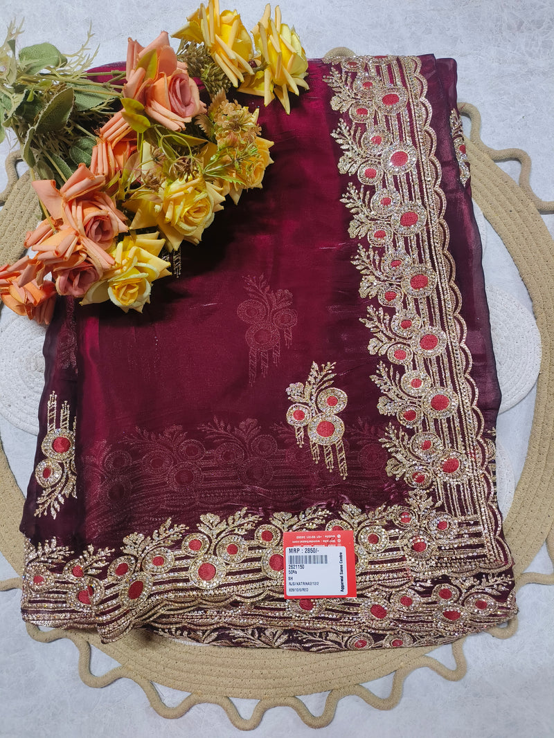 Stunning Maroon Embellished Saree with Heavy Gold Border