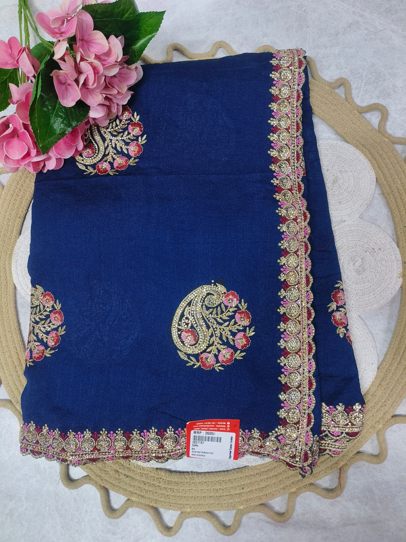 Elegant Navy Blue Designer Saree with Floral Zari Embroidery