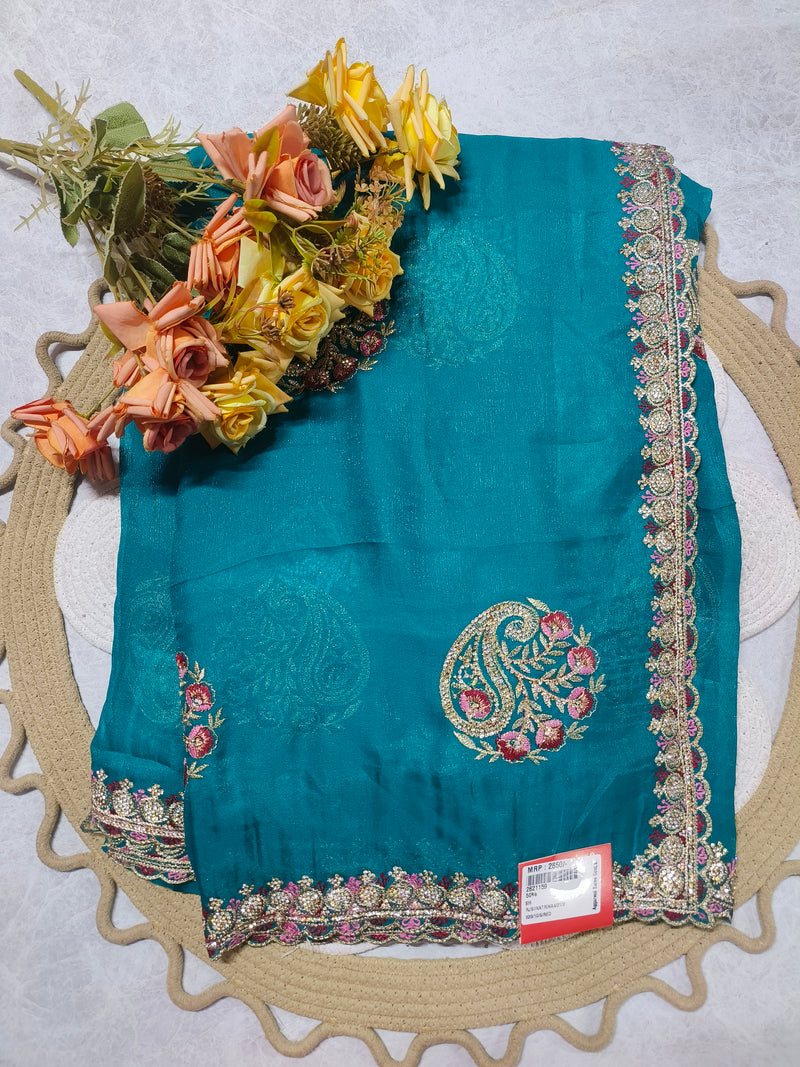 Royal Teal Designer Saree with Intricate Gold Accents