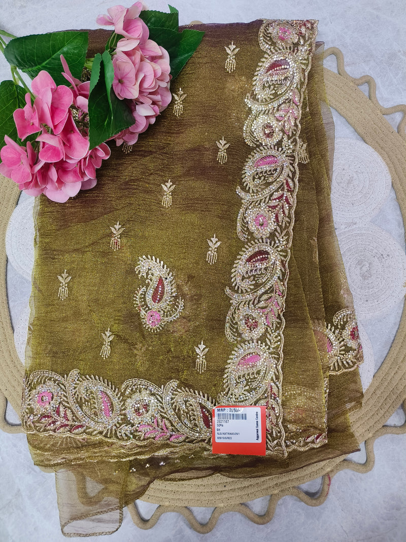 Chic Bronze Brown Designer Saree with Floral Sequined Border