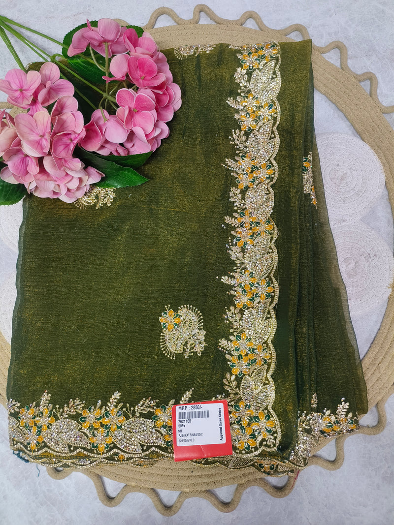 Elegant Forest Green Fancy Saree with Ornate Floral Border