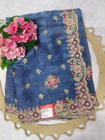 Chic Navy Blue Fancy Saree with Ornate Embellished Border