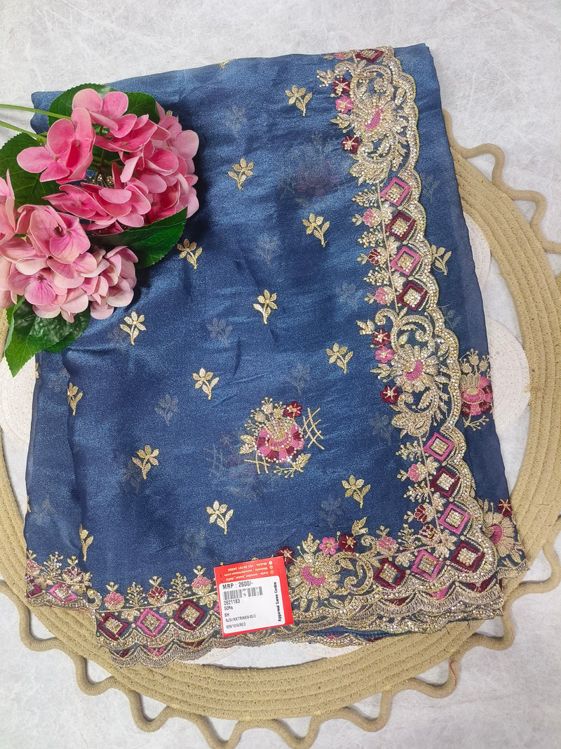 Chic Navy Blue Fancy Saree with Ornate Embellished Border
