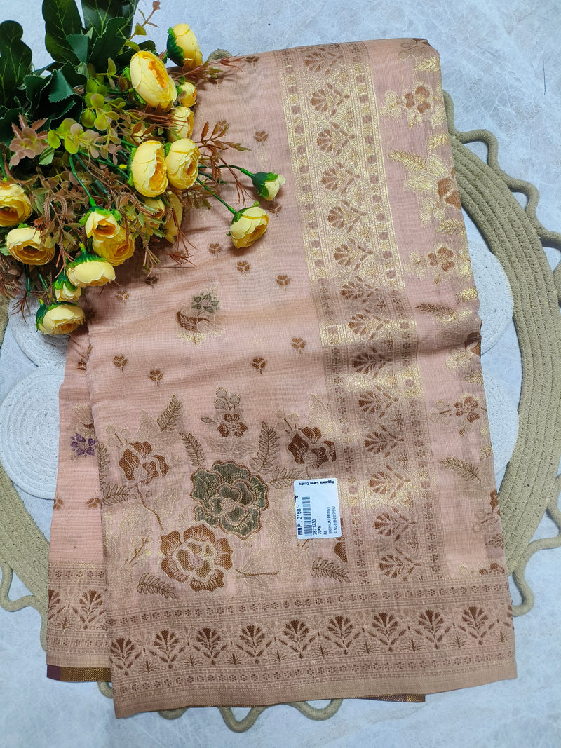 Elegant Peach & Gold Floral Embroidered Silk Saree
