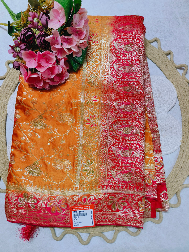 Radiant Orange and Red Designer Silk Saree with Traditional Zari Motifs