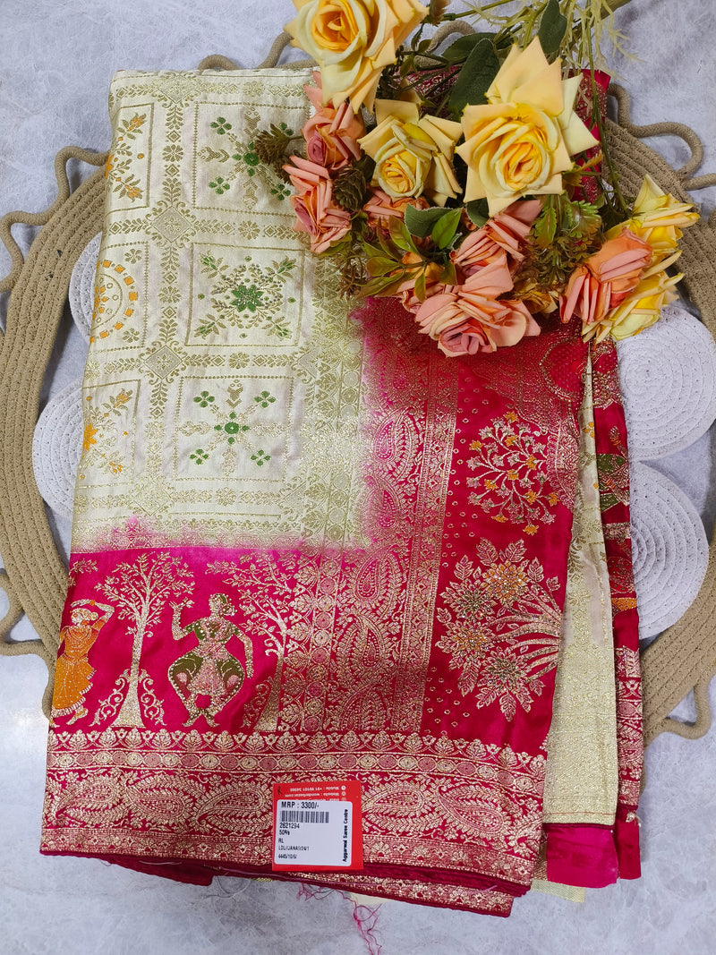 Royal Cream and Fuchsia Pink Banarasi Fusion Saree