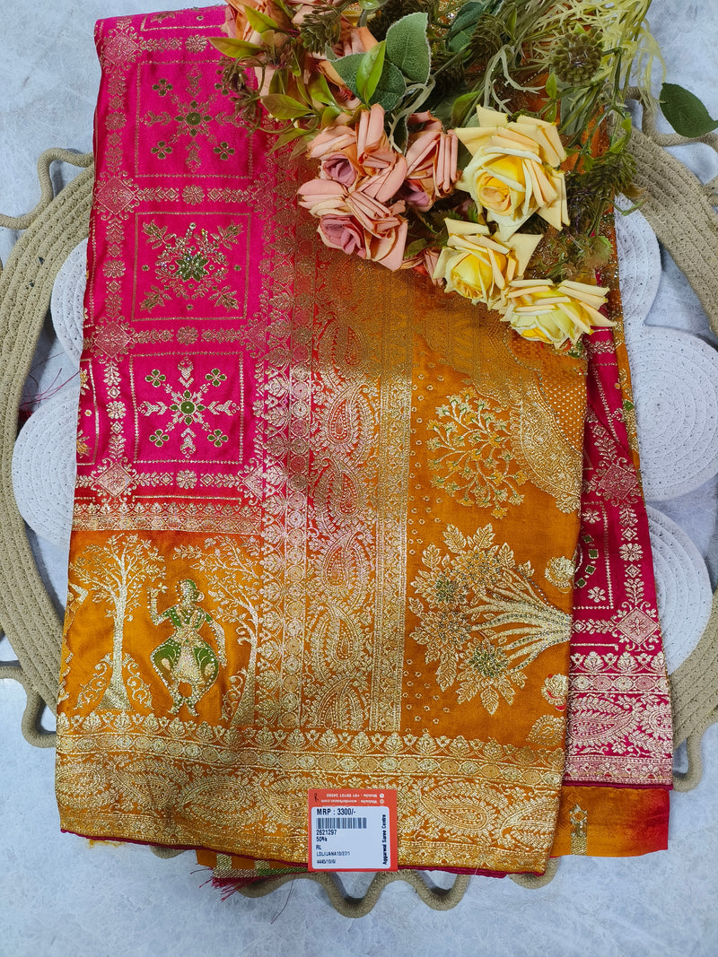 Vibrant Red and Orange Shaded Designer Saree with Ornate Zari Border