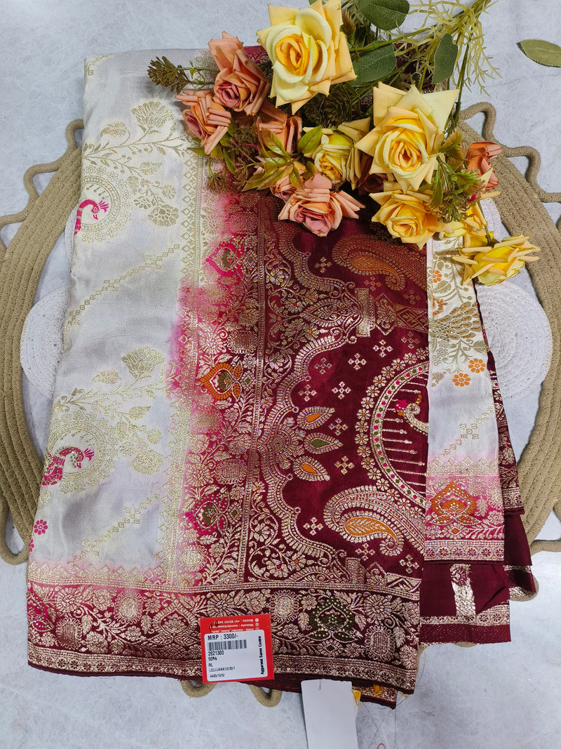 Sophisticated Ivory and Deep Maroon Fancy Saree with Gold Work