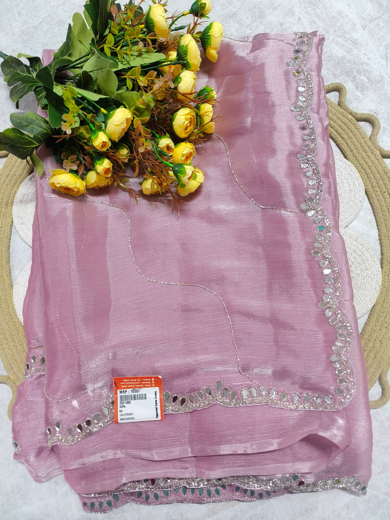 Shimmering Mauve Organza Saree with Mirror Work