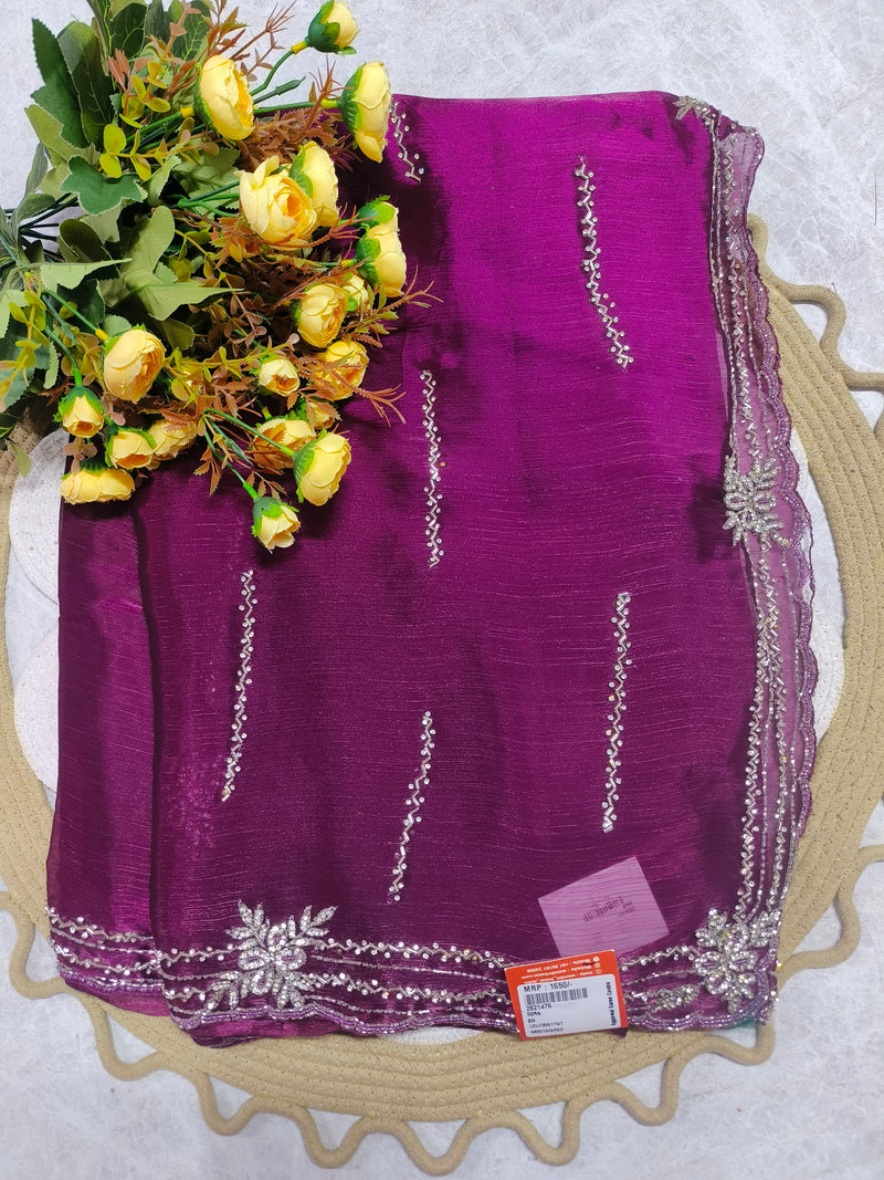 Vibrant Magenta Shimmer Organza Saree with Embellishments