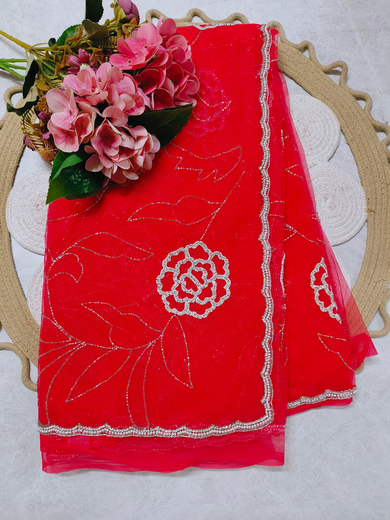 Chic Red Net Saree with Pearl and Silver Embroidery