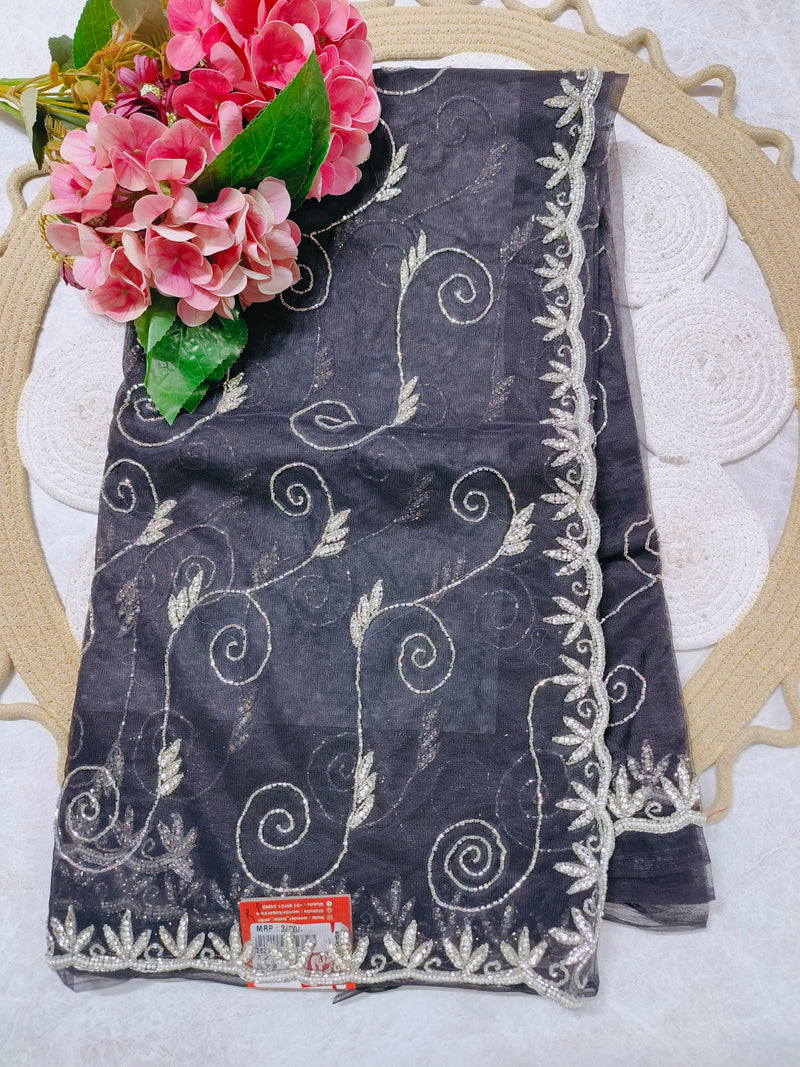 Sophisticated Charcoal Grey Net Saree with Silver Bead Work
