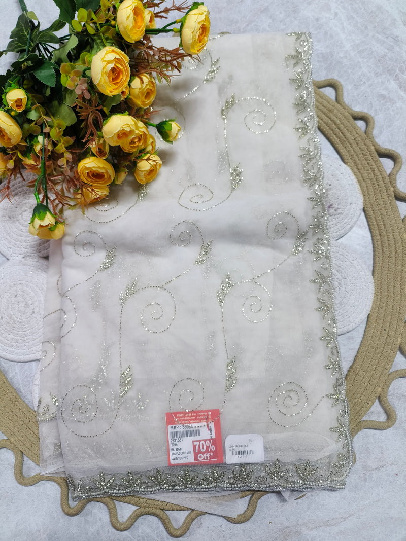 Classic White Floral Organza Saree with Silver Work
