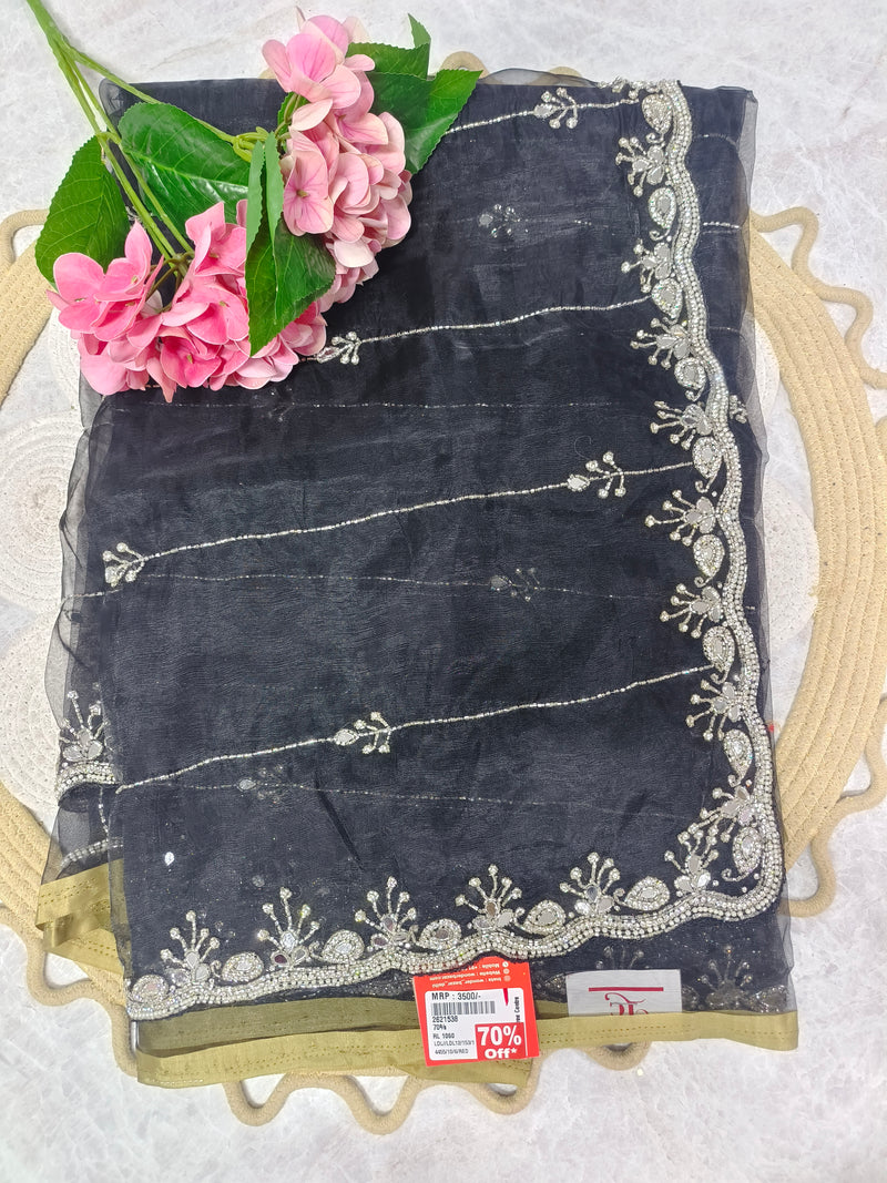 Glamorous Black Embellished Saree with Silver Mirror-Work Border