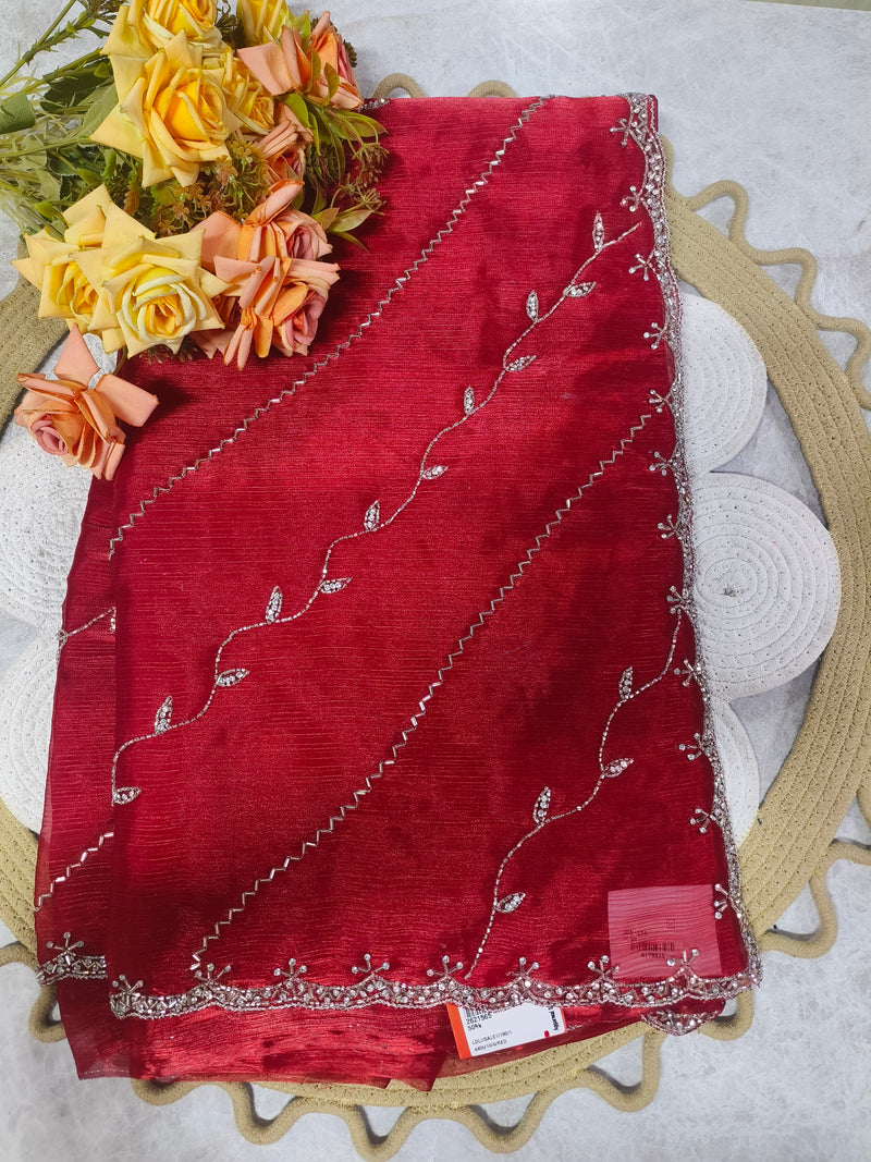 Luxurious Crimson Red Saree with Delicate Silver Detailing