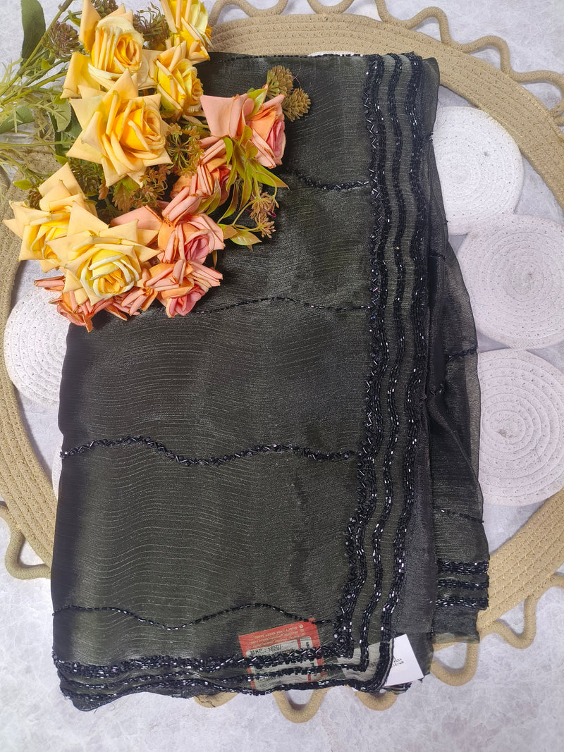 Elegant Charcoal Black Saree with Intricate Beadwork