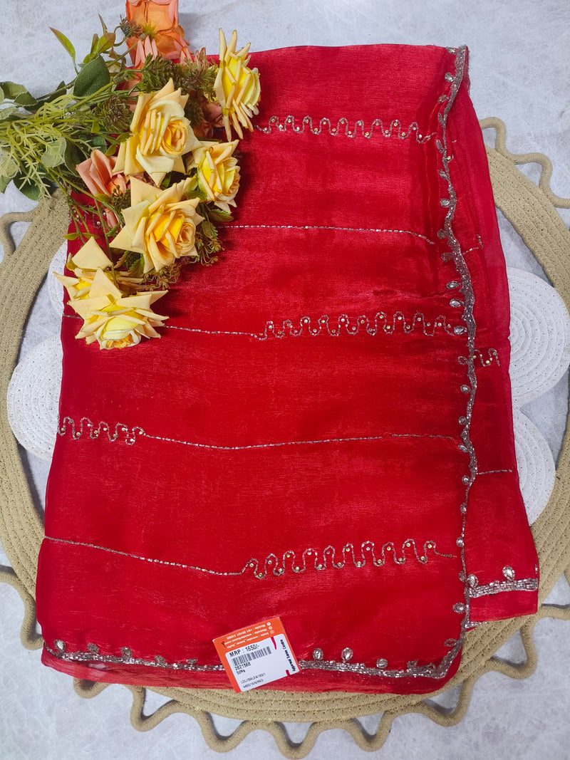 Classic Ruby Red Saree with Intricate Silver Trim