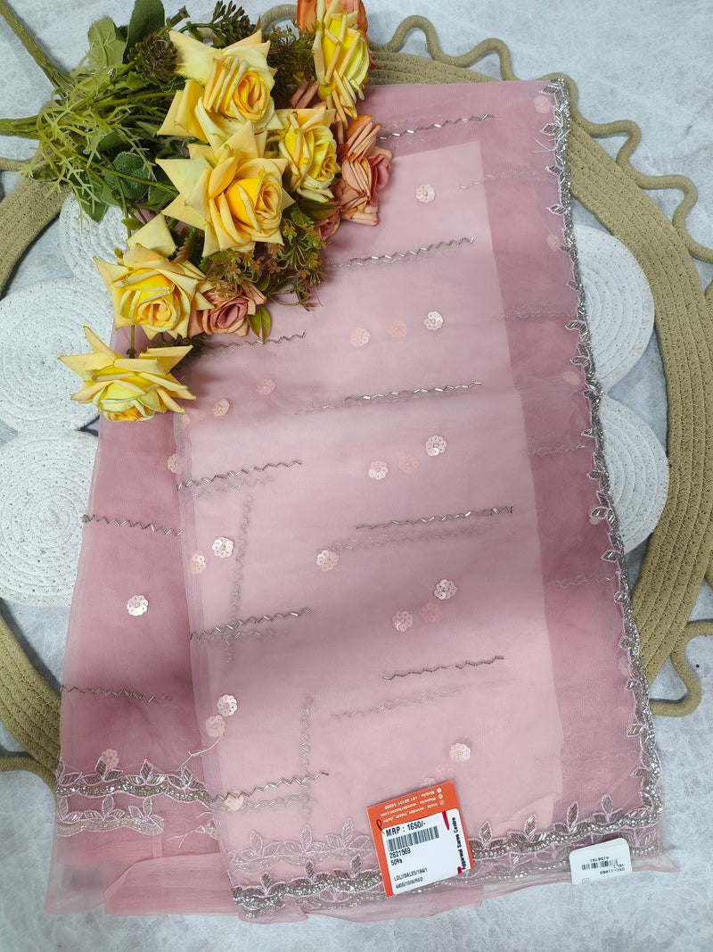 Soft Blush Pink Saree with Delicate Sequined Floral Motifs