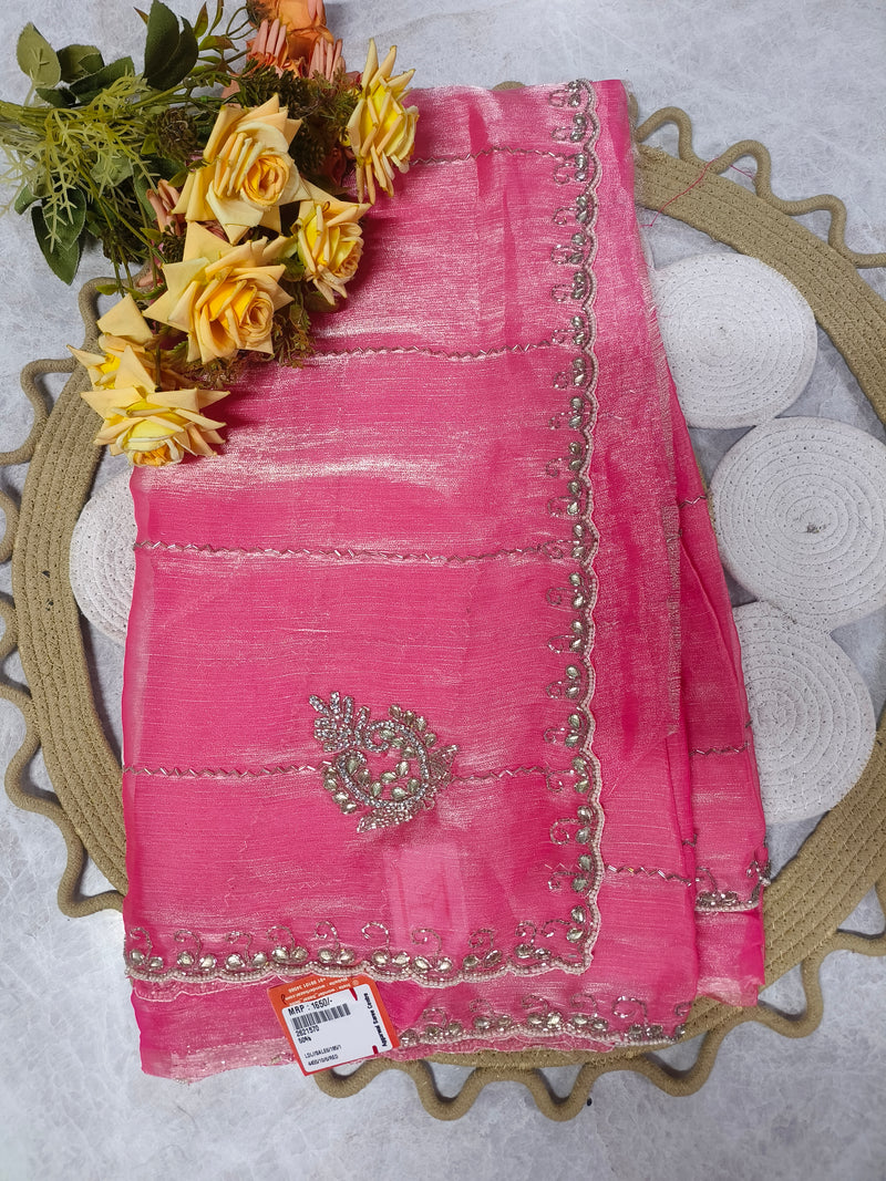 Radiant Pink Organza Saree with Exquisite Silver Embellishments